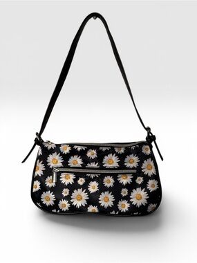 Y2K Black Daisy Print Shoulder Bag - Women's Floral canvas Handbag